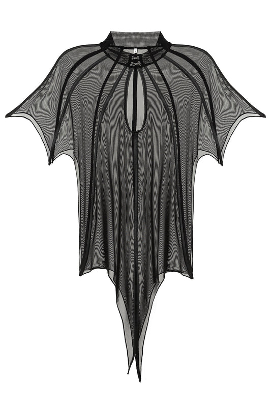 Close-up of the Necessary Evil Leutogi Mesh Bat Wing Cape Top highlighting the unique keyhole and hook and eye fastening detail for a sophisticated look.