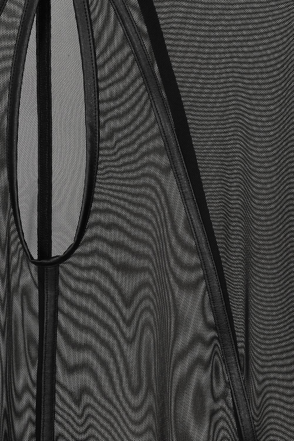 Close-up of Necessary Evil Leutogi Mesh Bat Wing Cape Top highlighting the exquisite faux leather detailing and elegant black mesh fabric.