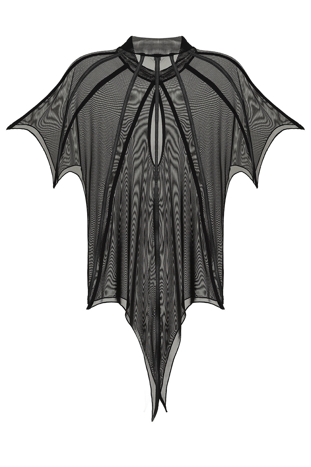 Fashionable close-up of the Necessary Evil Leutogi Bat Wing Cape Top, showcasing the exquisite faux leather binding and black mesh design.