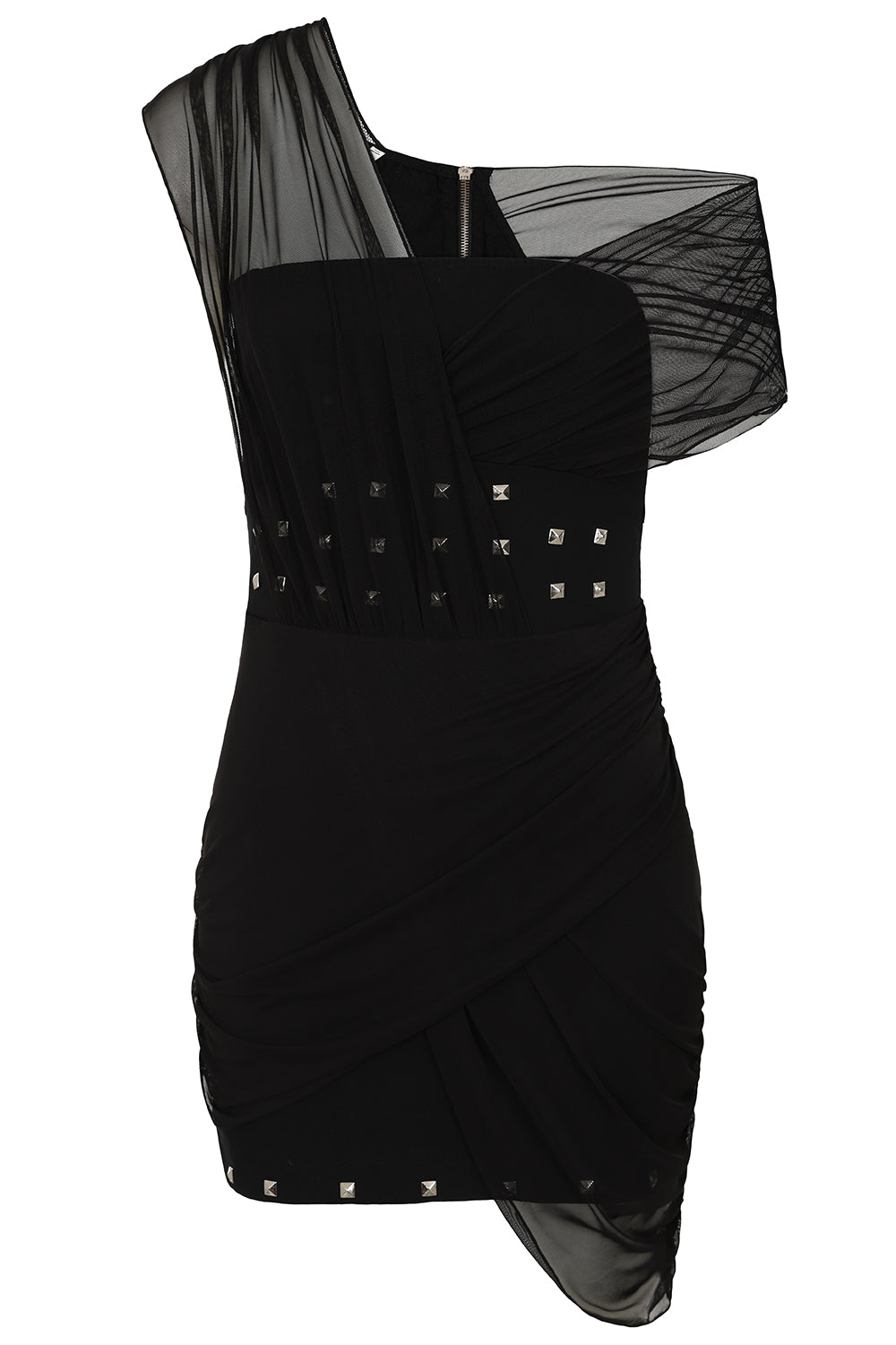 Gothic fashion statement featuring Necessary Evil Venus Wrapped Mesh Mini Dress with studded details, elegantly styled on a model against a dark backdrop.