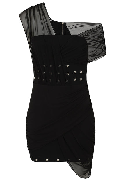 Gothic fashion statement featuring Necessary Evil Venus Wrapped Mesh Mini Dress with studded details, elegantly styled on a model against a dark backdrop.