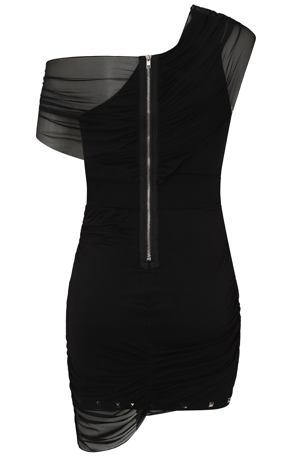 Back image of the Necessary Evil Venus Mini Dress featuring a discreet zip closure, showcasing its flattering fit and luxurious gothic appeal.
