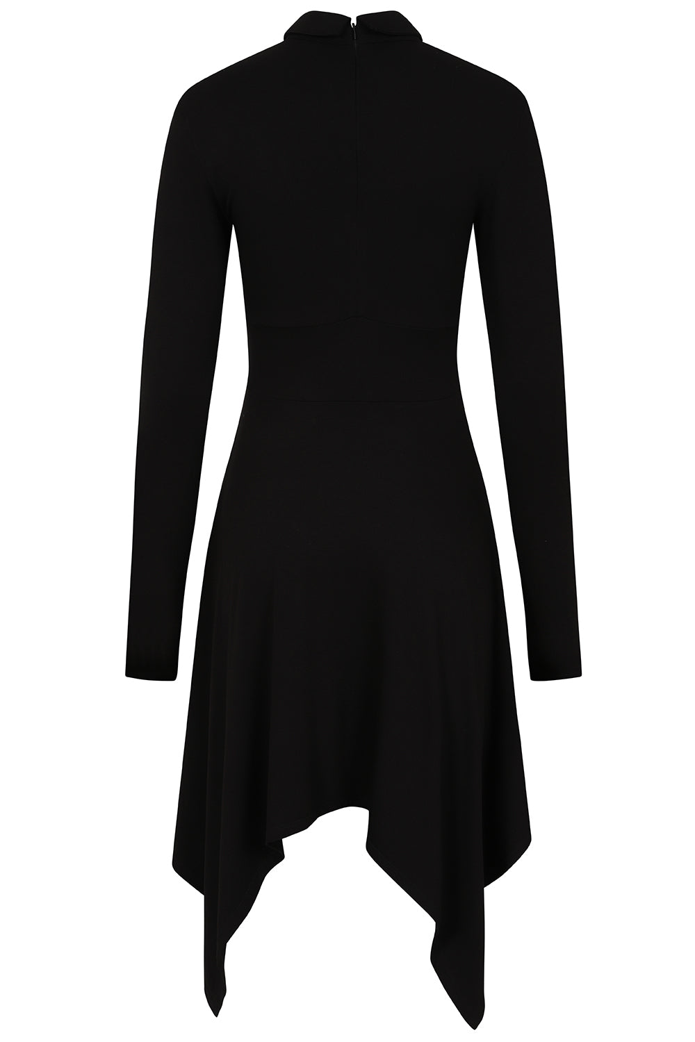 Luxurious Necessary Evil Kali Gothic Midi Dress featuring an asymmetrical handkerchief hem and elegant long sleeves, perfect for sophisticated gothic style.
