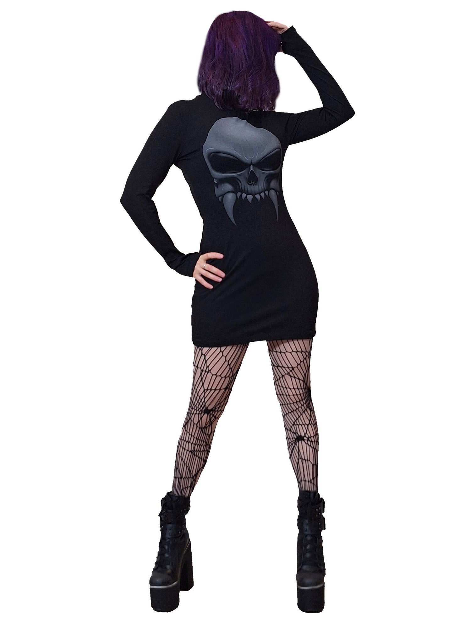 Luxurious Gothic Necessary Evil Athena Mini Dress featuring a striking vampire skull print, crafted from soft cotton with long sleeves and thumb holes, perfect for alternative fashion enthusiasts.