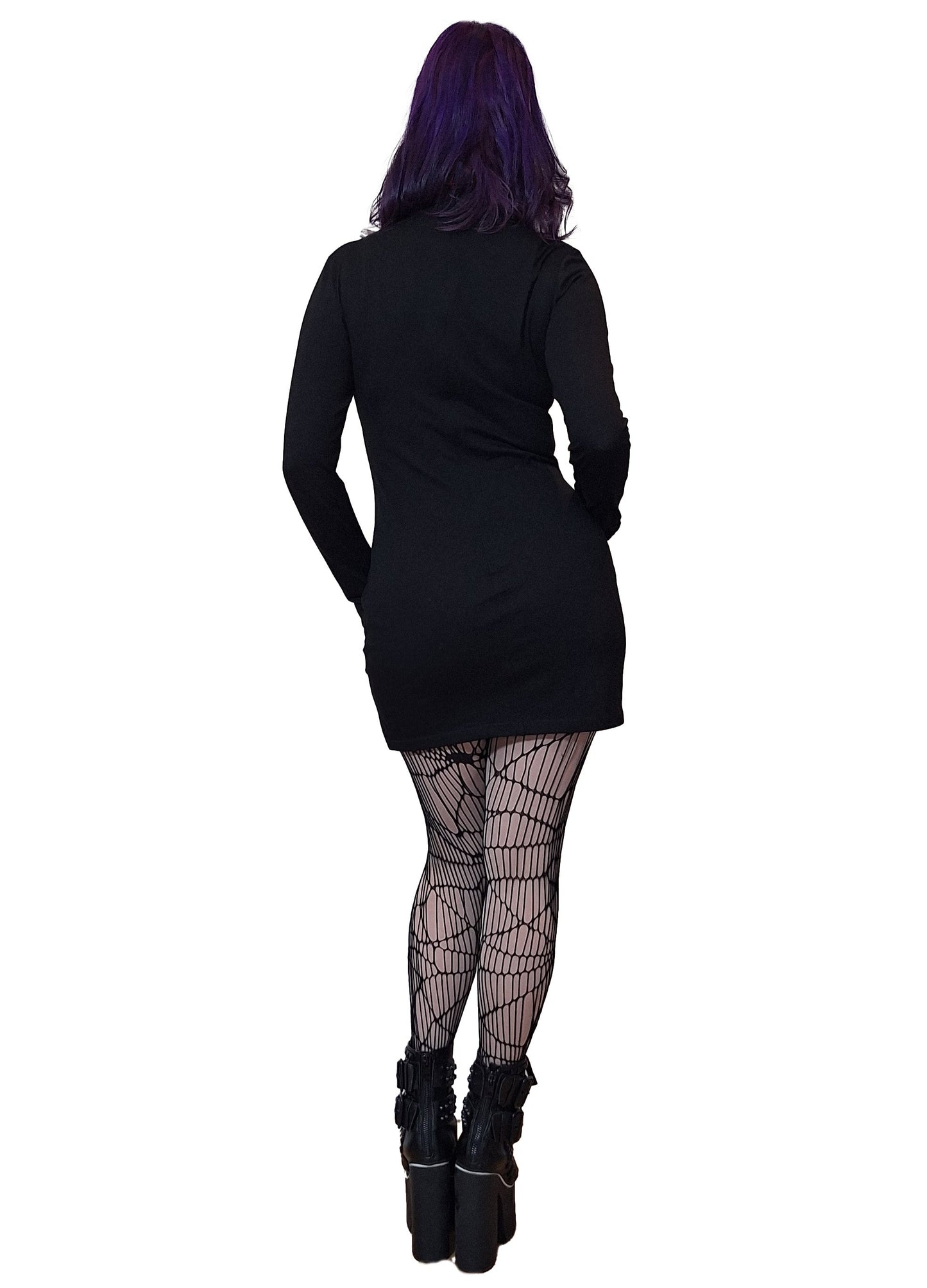 Back view of the Necessary Evil Athena Mini Dress highlighting the hidden zip feature, designed for a seamless silhouette and gothic elegance.