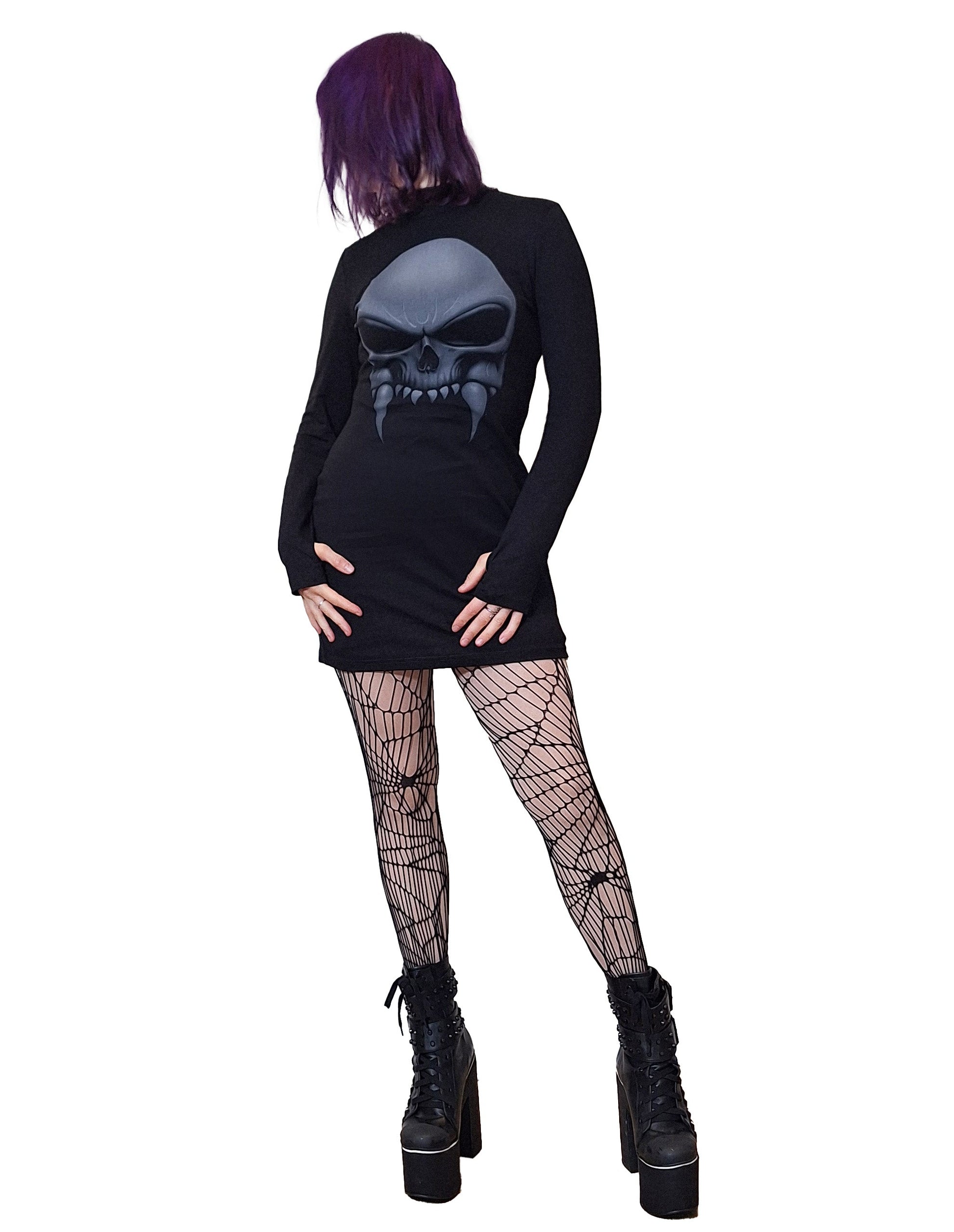 Gothic Necessary Evil Athena Mini Dress featuring a striking grey vampire skull print, elegantly designed with long sleeves and a body-hugging fit, perfect for alternative fashion lovers.