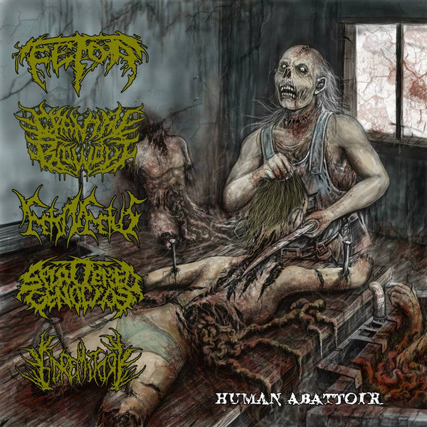 Official album cover for 'Human Abattoir' by Fetor, Cranial Blowout, Feto In Fetus, Splattered Genocide, and Goremitory, released by Rancid Offal Records. This striking artwork represents a compelling addition to any death metal collection.