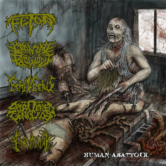 Official album cover for 'Human Abattoir' by Fetor, Cranial Blowout, Feto In Fetus, Splattered Genocide, and Goremitory, released by Rancid Offal Records. This striking artwork represents a compelling addition to any death metal collection.