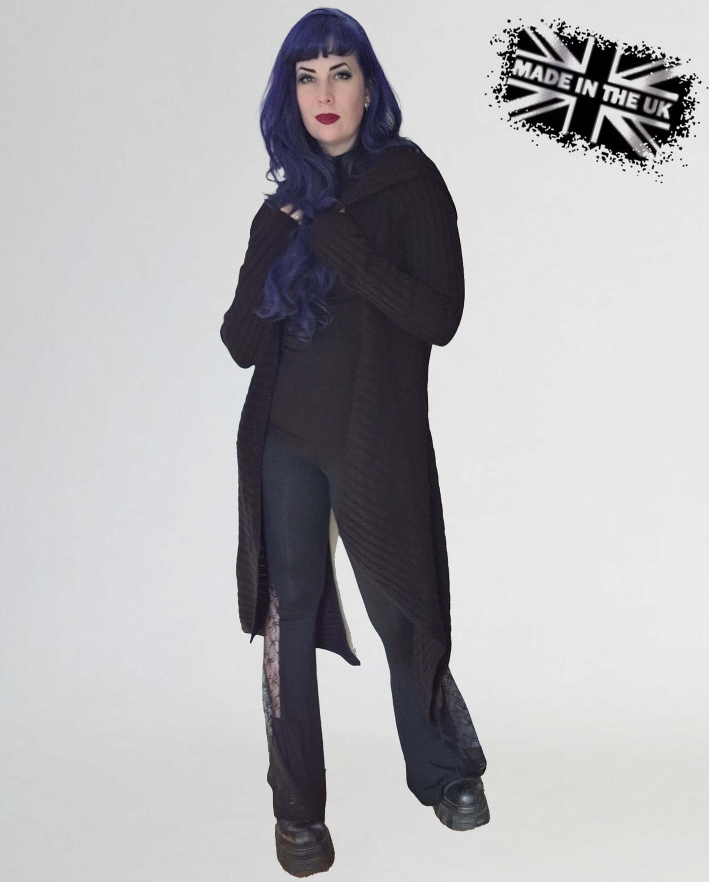 Dramatic oversized hood of the Necessary Evil Sabrina Cardigan, emphasizing its gothic aesthetic and relaxed fit, ideal for comfortable, stylish wear.