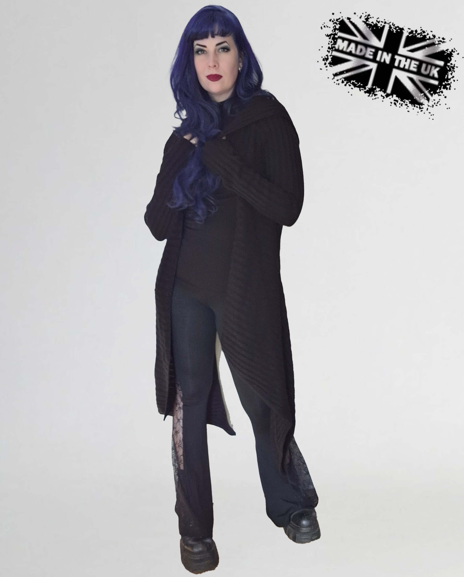 Dramatic oversized hood of the Necessary Evil Sabrina Cardigan, emphasizing its gothic aesthetic and relaxed fit, ideal for comfortable, stylish wear.