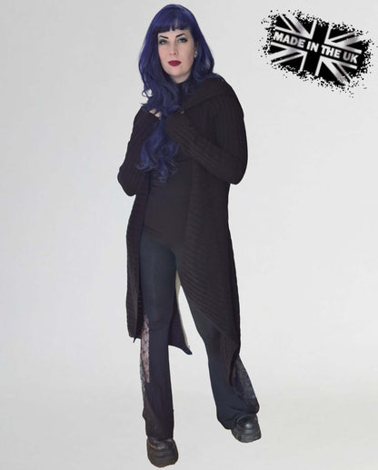 Dramatic oversized hood of the Necessary Evil Sabrina Cardigan, emphasizing its gothic aesthetic and relaxed fit, ideal for comfortable, stylish wear.