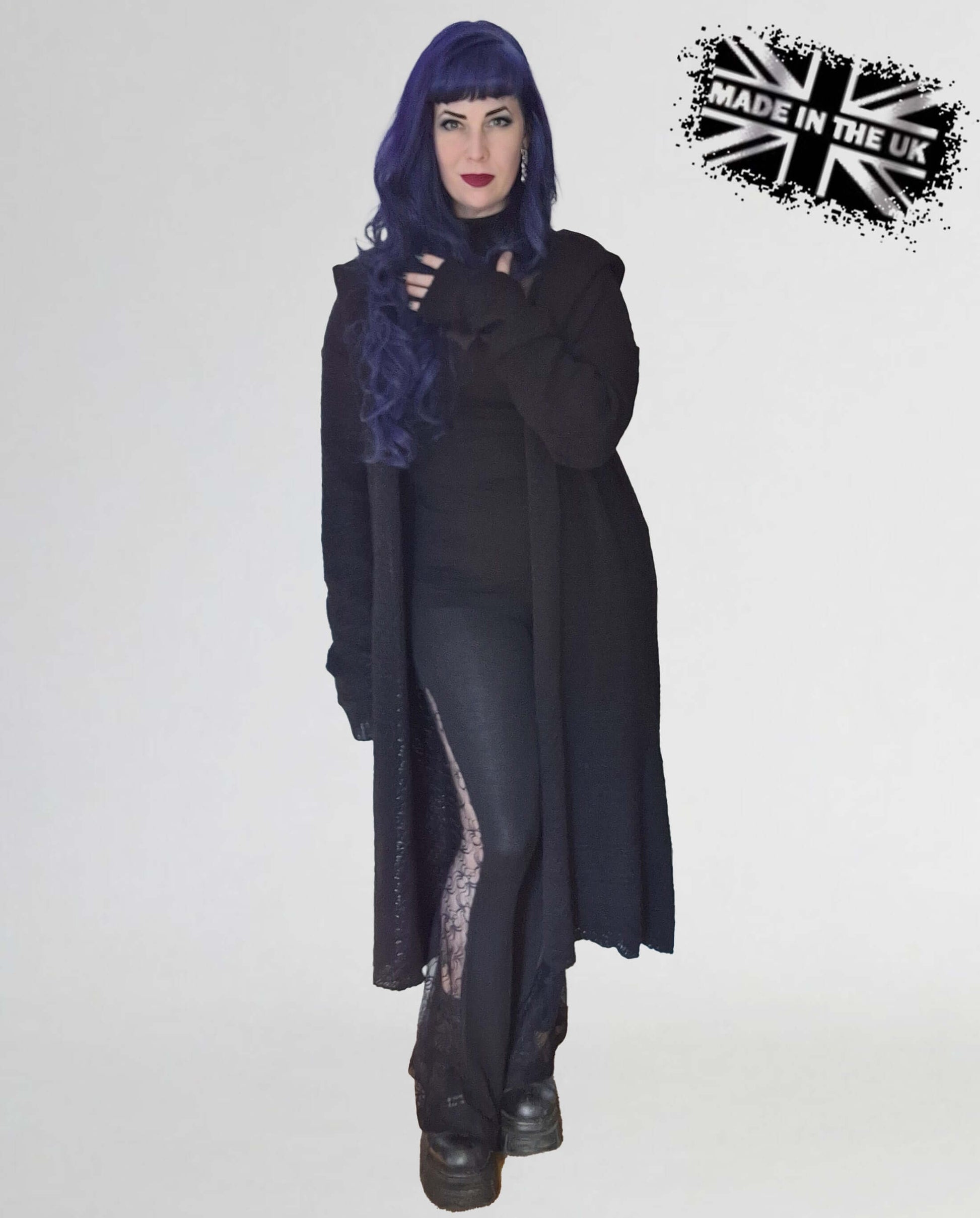 Necessary Evil Athena Long Hooded Gothic Cardigan featuring a soft knit fabric, designed for plus sizes, showcasing a flowing silhouette and generous hood for dramatic style.