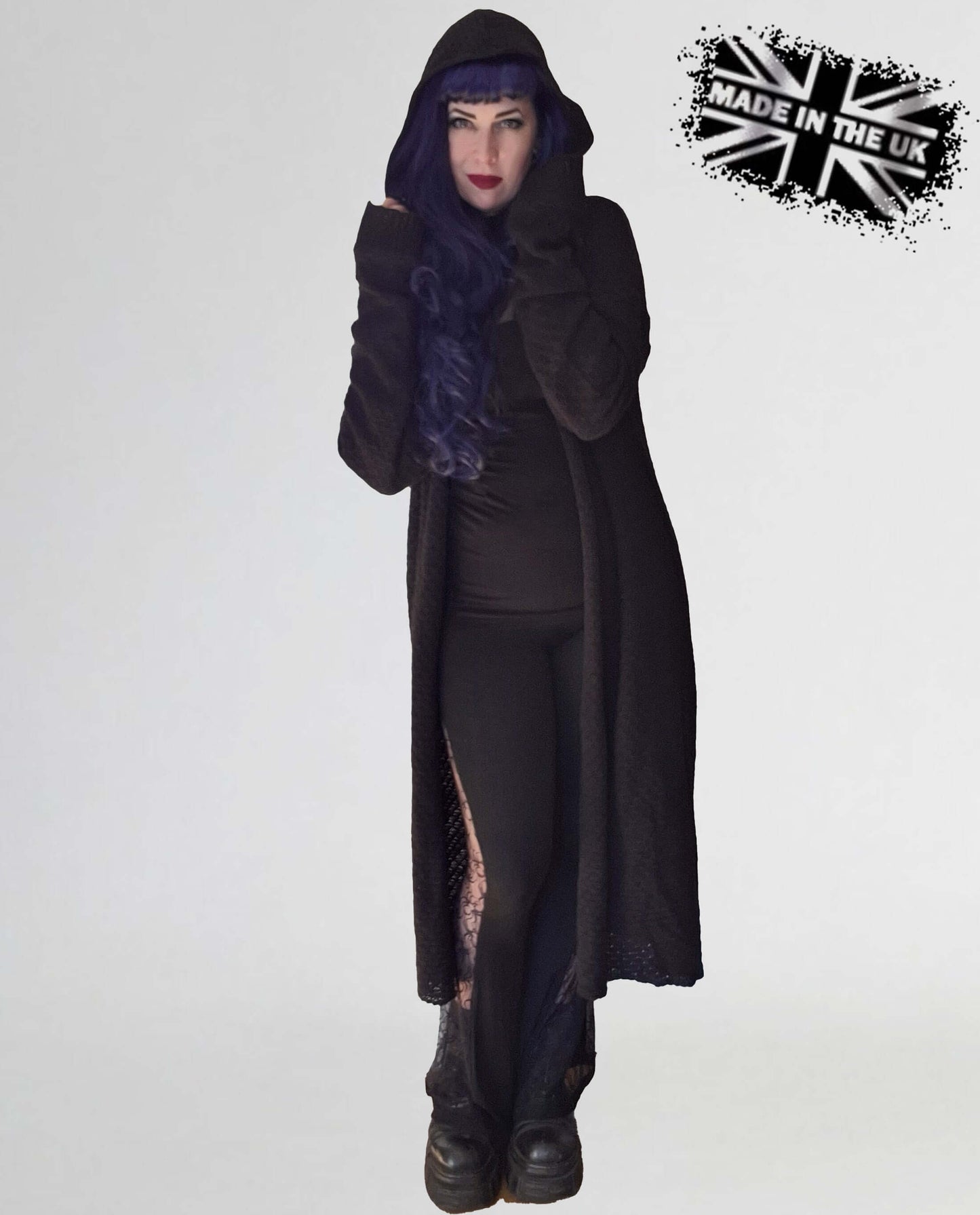 Model wearing the Necessary Evil Athena Long Hooded Gothic Cardigan, demonstrating its versatile layering style and elegant drape.