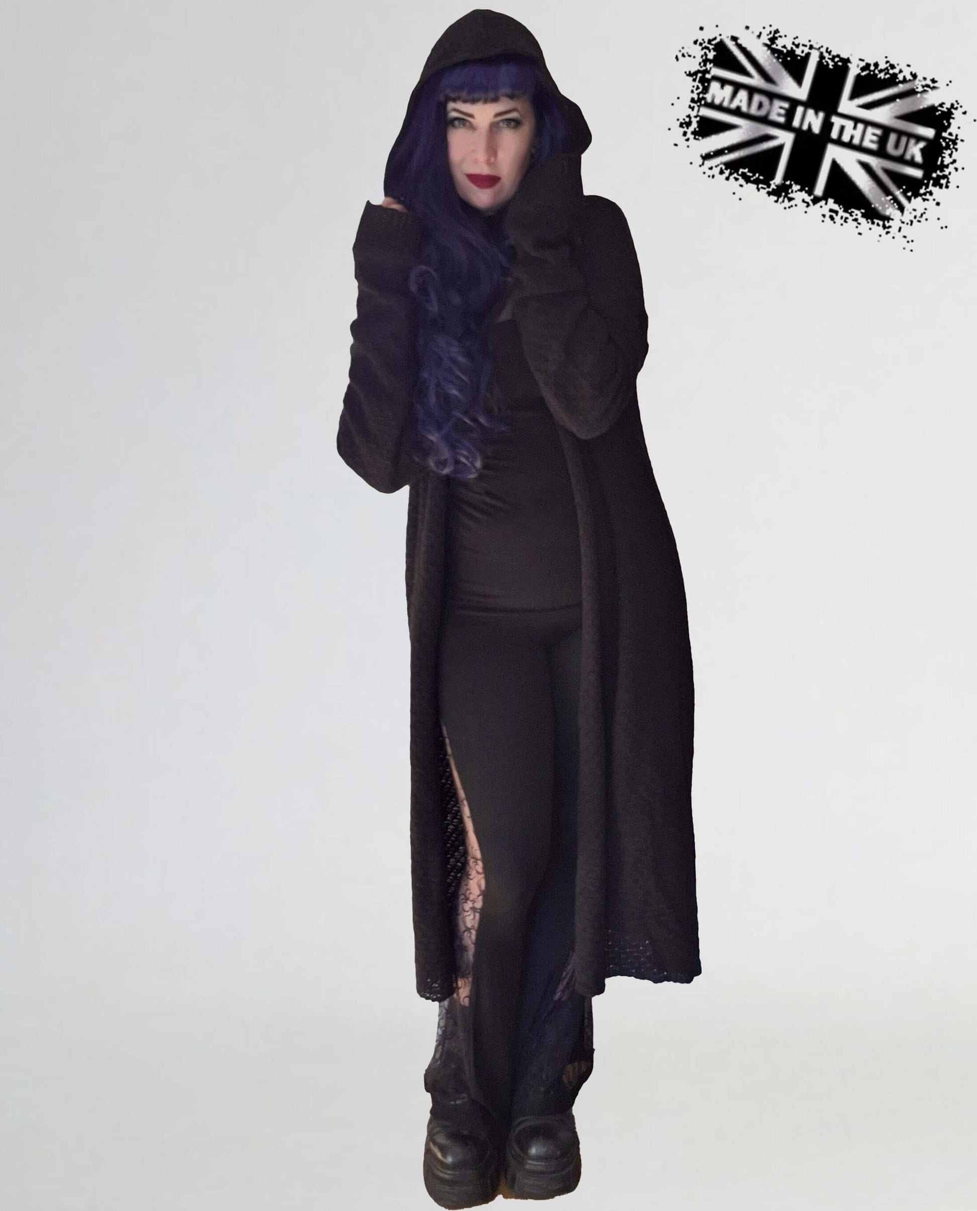 Model wearing the Necessary Evil Athena Long Hooded Gothic Cardigan, demonstrating its versatile layering style and elegant drape.
