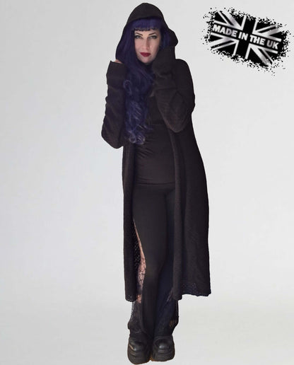 Model wearing the Necessary Evil Athena Long Hooded Gothic Cardigan, demonstrating its versatile layering style and elegant drape.