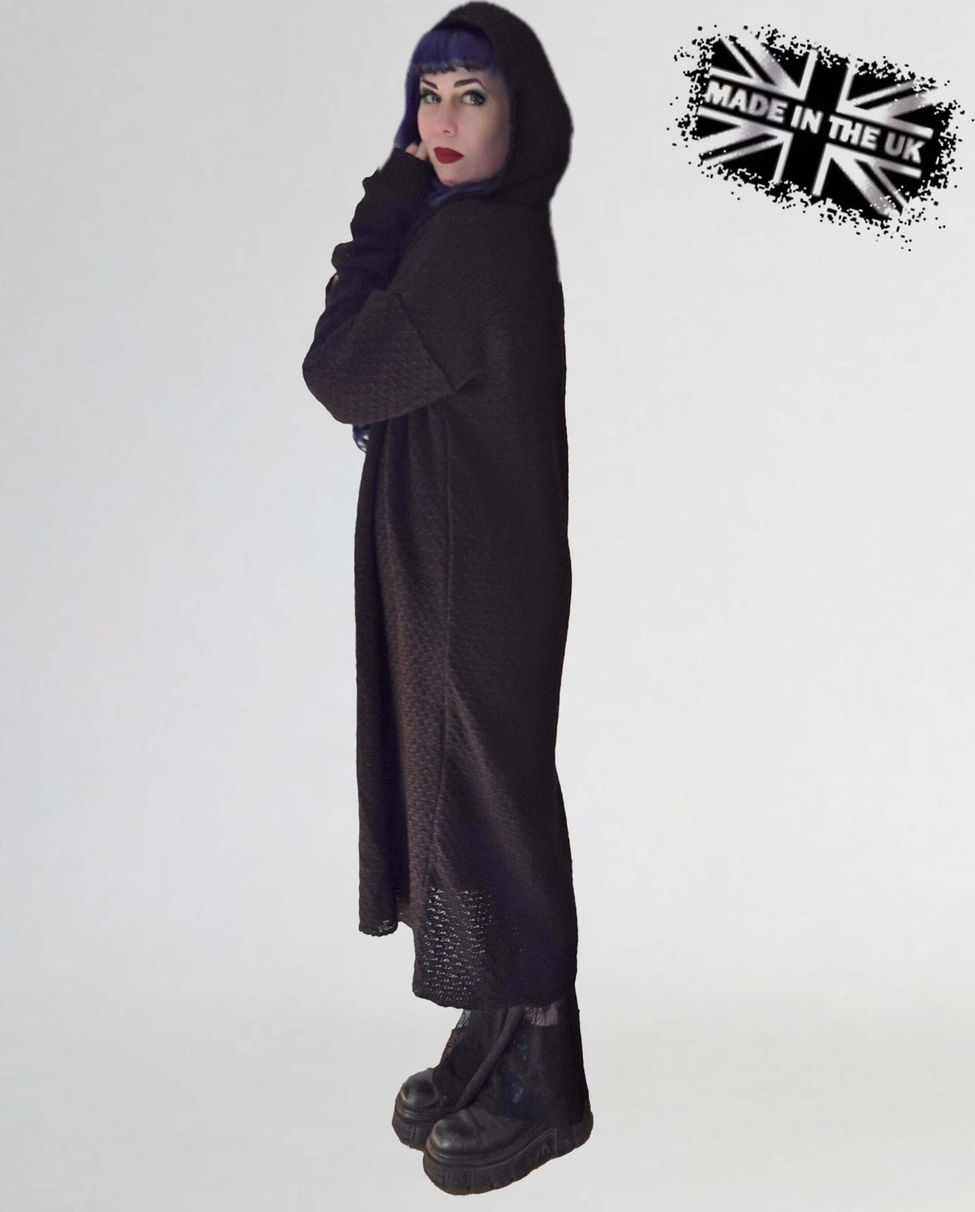 Elegant black Necessary Evil Athena Long Hooded Cardigan, perfectly crafted for gothic aesthetics, ideal for layering and adding warmth to any outfit.