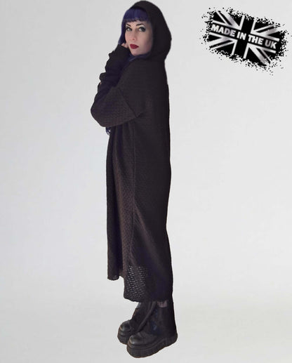 Elegant black Necessary Evil Athena Long Hooded Cardigan, perfectly crafted for gothic aesthetics, ideal for layering and adding warmth to any outfit.