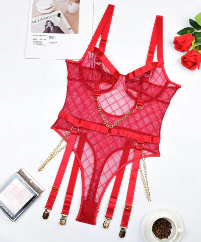 Lace Sissy Crotchless Bodysuit – Seductive Plaid Lingerie with Chain Detail for Irresistible Allure, displayed in vibrant red, demonstrating its alluring design and striking chain features.