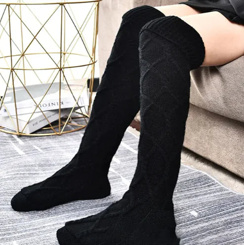 Luxury Women's Warm Winter Knitted Socks - Cozy, Cute, and Stylish Footwear for Every Occasion, showcasing a close-up of luxurious black knitted thigh-high socks with a diamond pattern, perfect for winter comfort.
