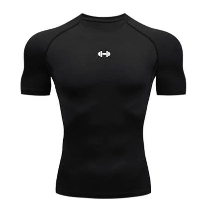 Model wearing the High Elastic Compression T Shirt, demonstrating its stylish fit and modern design in an active setting.