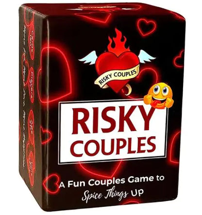 Risky Couples Card Game packaging, featuring a vibrant design with hearts and a playful emoji, an ideal addition for romantic date nights. A Fun Couples Game to Spice Things Up.