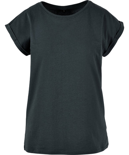 Luxury organic cotton extended shoulder t-shirt for women in soft breathable fabric, showcasing a structured yet relaxed silhouette.