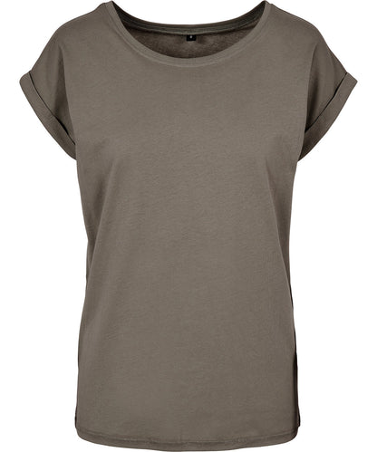 Luxury women's casual wear: extended shoulder t-shirt crafted from breathable organic cotton, ideal for everyday wear.