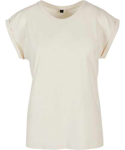 Luxury organic cotton extended shoulder t-shirt for women in soft, breathable fabric, ideal for casual and layered outfits.
