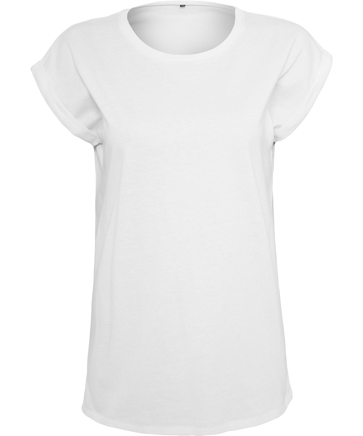 Model wearing a versatile extended shoulder women's t-shirt made from 100% organic cotton, perfect for all-day wear.