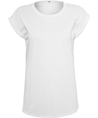 Model wearing a versatile extended shoulder women's t-shirt made from 100% organic cotton, perfect for all-day wear.