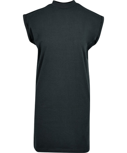 Elegantly draped Organic Cotton Extended Shoulder T-Shirt Dress exuding luxurious comfort and style, perfect for casual outings.
