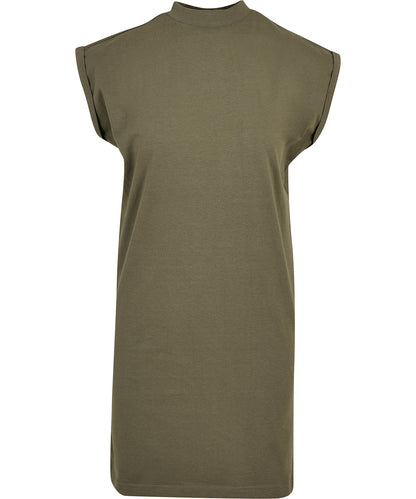 Model wearing the Organic Cotton T-Shirt Dress, illustrating its flattering silhouette and relaxed fit for various occasions.