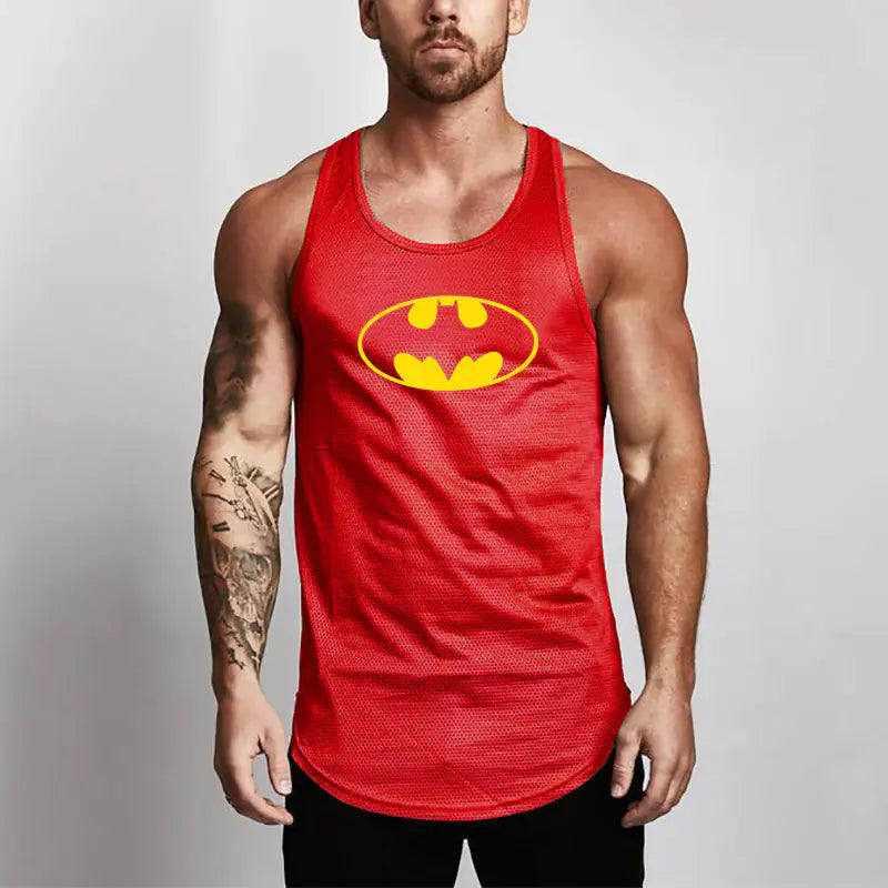 Striking red BATMAN performance mesh workout tank top, expertly tailored for optimal breathability and athletic performance.