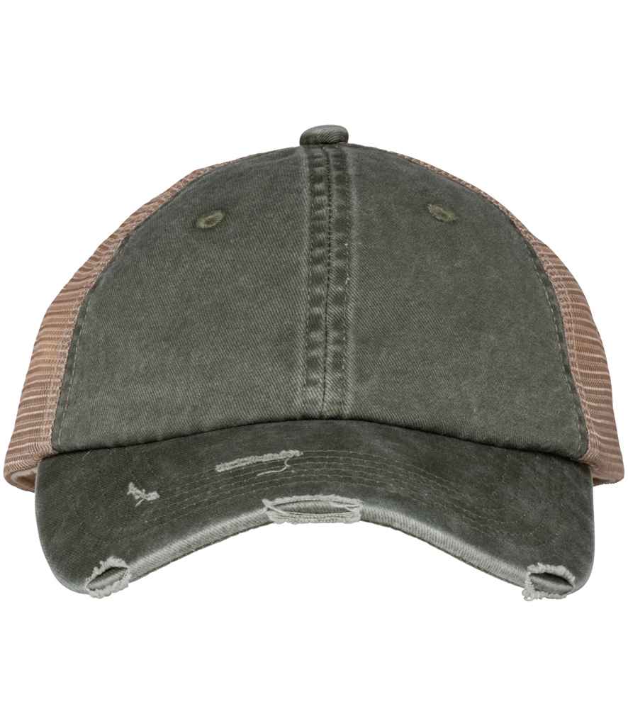 Luxury organic cotton washed ripped trucker cap featuring an adjustable 6-panel design, crafted from 100% organic cotton and recycled polyester mesh for eco-friendly style.