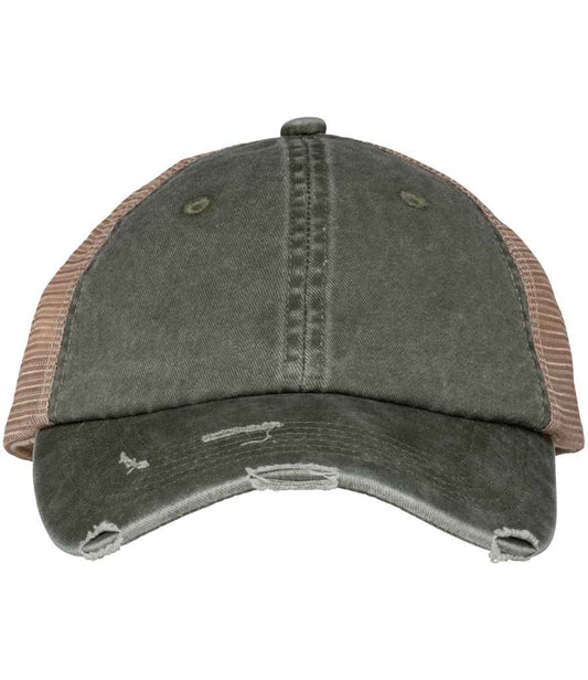 Luxury organic cotton washed ripped trucker cap featuring an adjustable 6-panel design, crafted from 100% organic cotton and recycled polyester mesh for eco-friendly style.