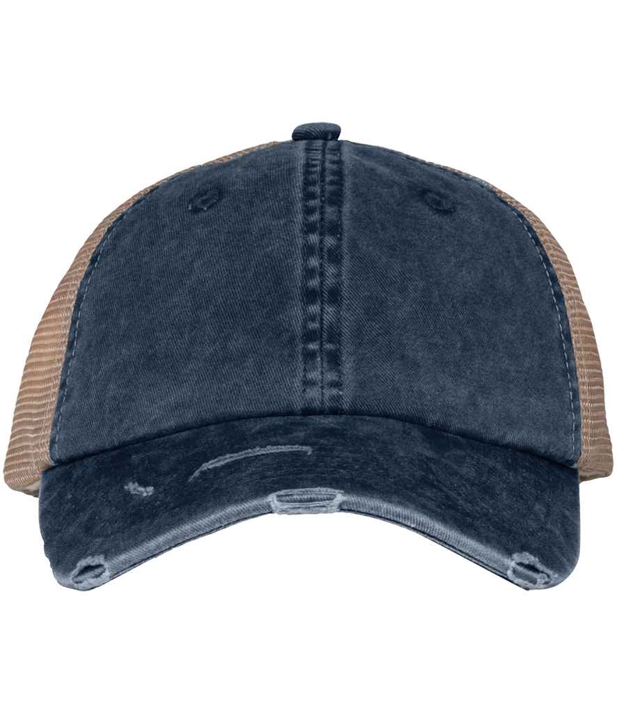 Detail of the back panels made from post-consumer recycled polyester mesh on a luxury organic cotton trucker cap, showcasing eco-friendly craftsmanship.