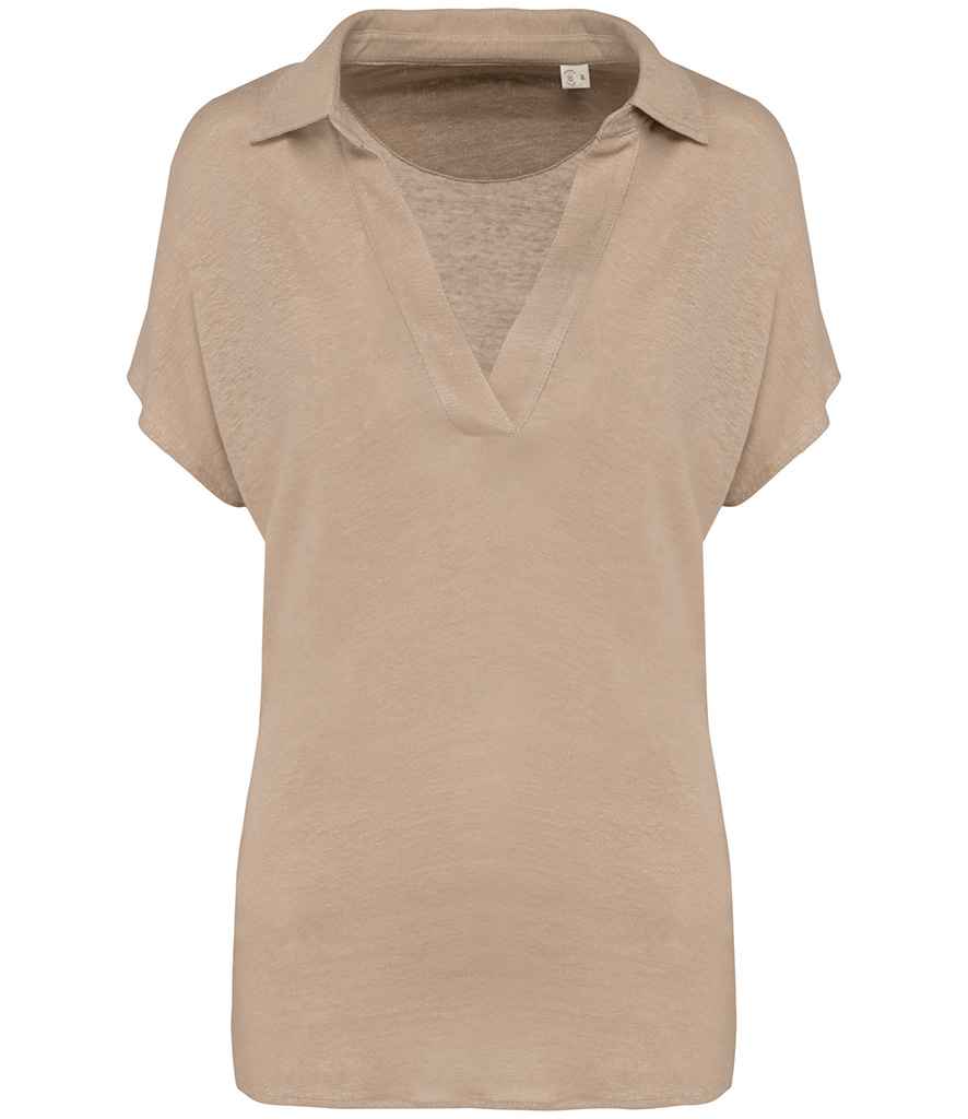 Elegant 100% linen polo shirt for women with a stylish V-shaped collar and relaxed dropped sleeves, perfect for a chic summer look.