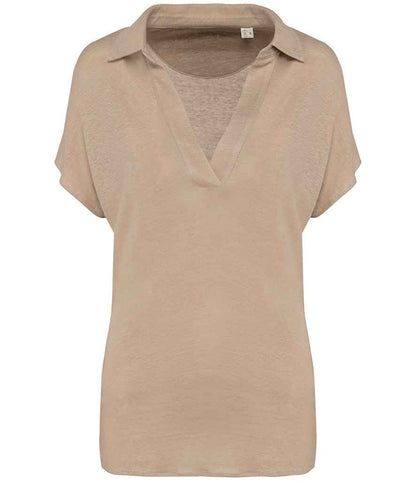 Elegant 100% linen polo shirt for women with a stylish V-shaped collar and relaxed dropped sleeves, perfect for a chic summer look.