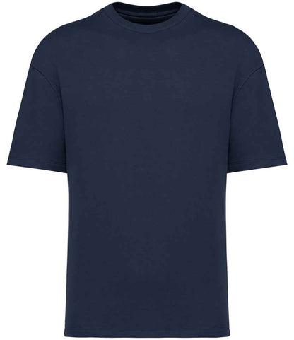 Detailed view of the hybrid sweatshirt-tee construction of the oversized French terry t-shirt, illustrating the structural yet comfortable design perfect for casual elegance.