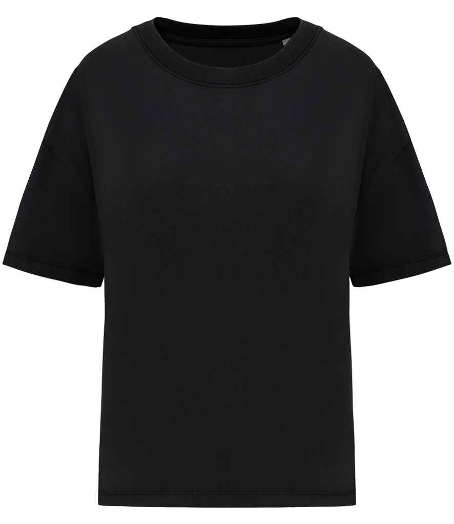 Luxury organic oversized washed t-shirt for women, crafted from 100% combed cotton with a unique garment dyed design showcasing its relaxed silhouette and soft texture.