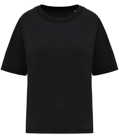 Luxury organic oversized washed t-shirt for women, crafted from 100% combed cotton with a unique garment dyed design showcasing its relaxed silhouette and soft texture.
