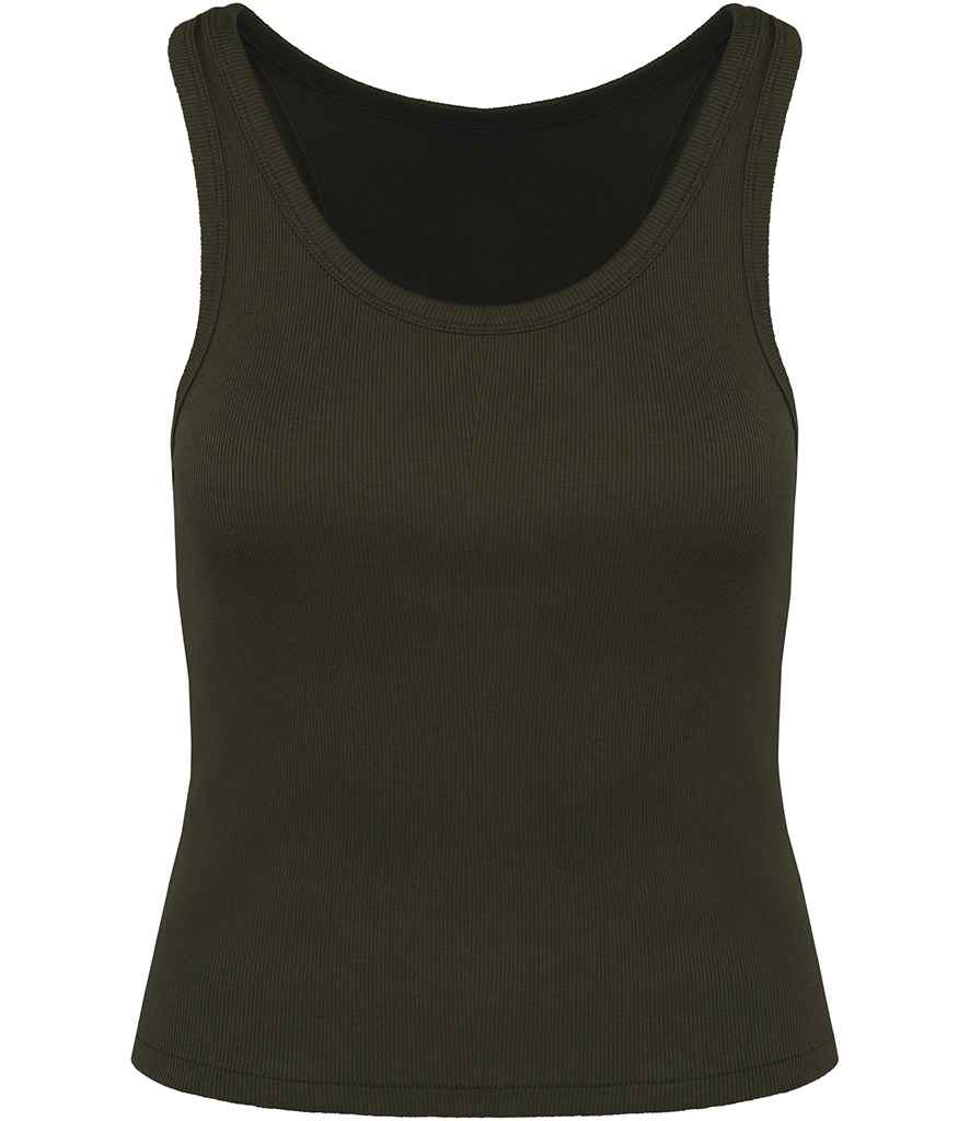 Frontal view of a woman in the luxurious organic cotton ribbed tank top, exemplifying sophistication and comfort, suitable for any elegant occasion.