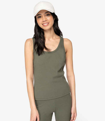 Luxurious organic cotton ribbed tank top for women, showcasing a slim fit silhouette designed for ultimate comfort and stylish layering.