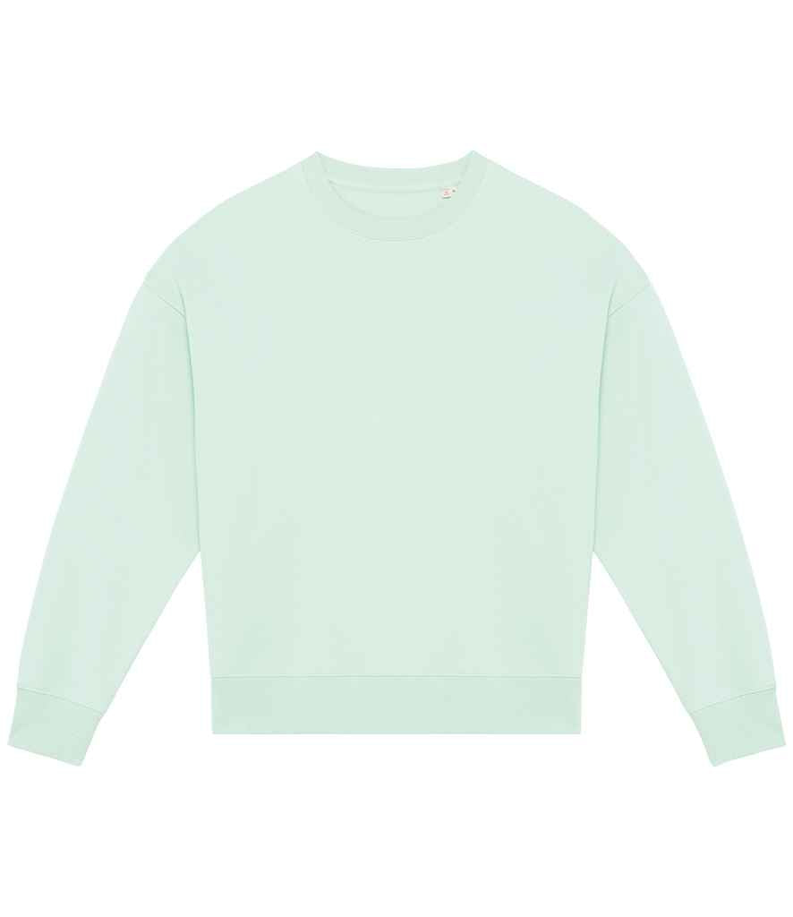 Stylish back view of a sustainable oversized unisex sweatshirt, highlighting the unique 1/2 circle design and tone-on-tone herringbone taping.