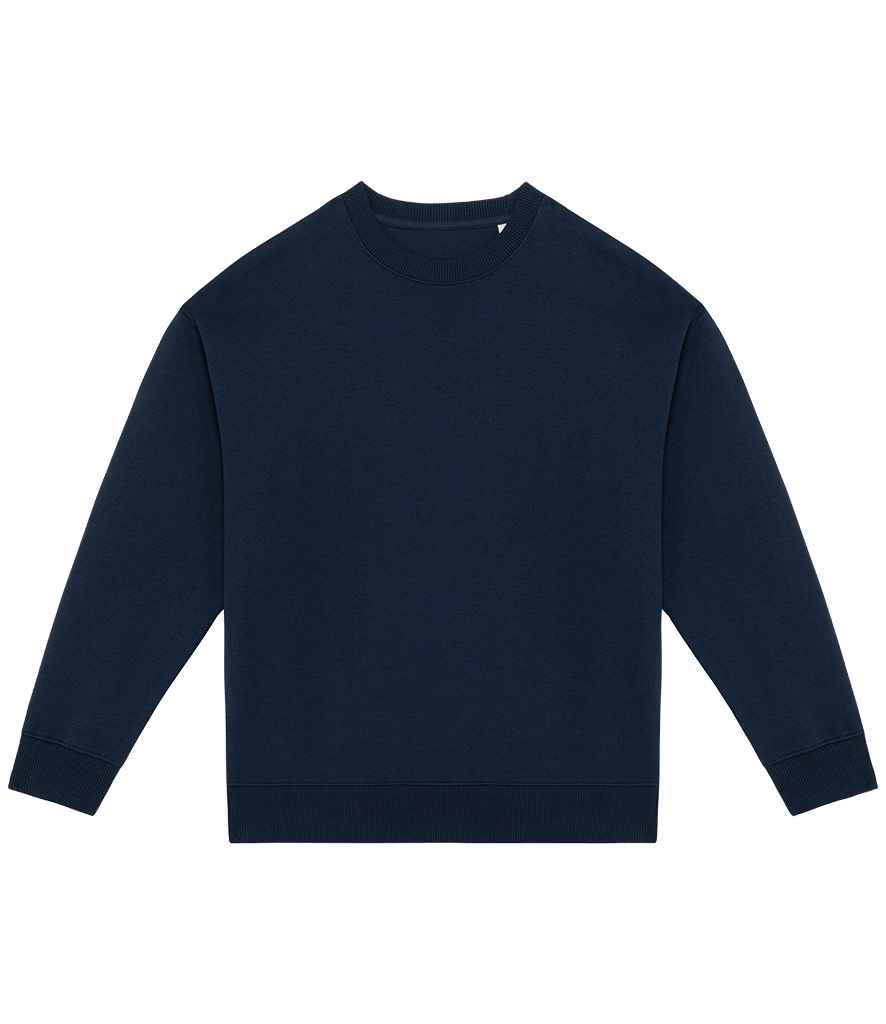 Detail close-up of eco-friendly sweatshirt featuring tone-on-tone herringbone taped neck, highlighting its luxurious finish.