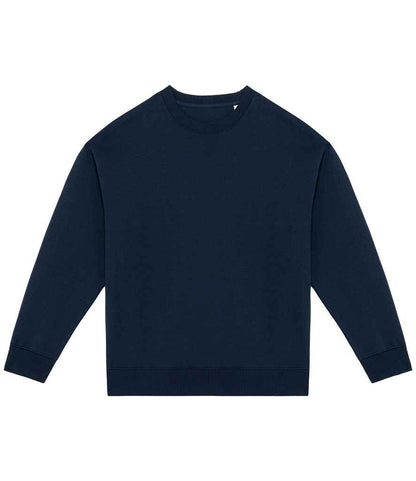 Detail close-up of eco-friendly sweatshirt featuring tone-on-tone herringbone taped neck, highlighting its luxurious finish.