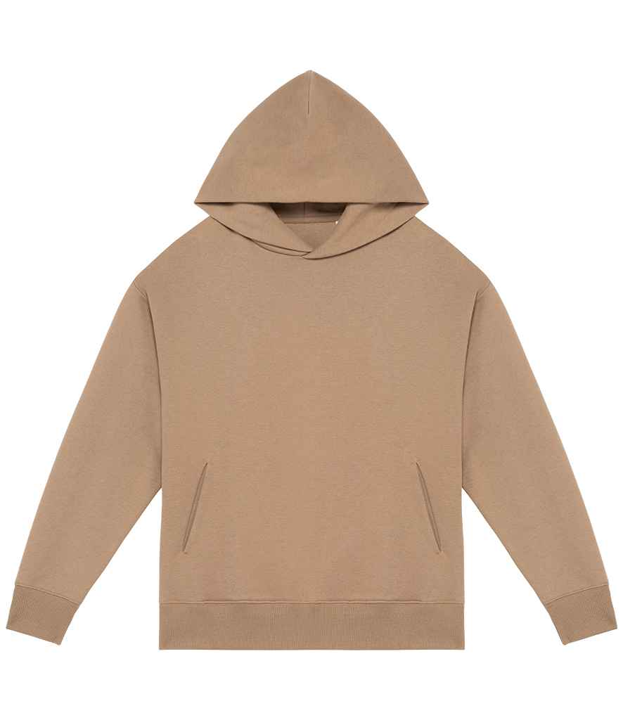 Detailed view of the eco-friendly oversized drop shoulder hoodie, crafted from 85% organic cotton and 15% recycled polyester.