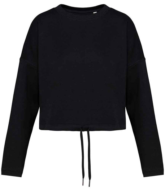 Luxurious organic oversized cropped sweatshirt for women, showcasing a relaxed fit with dropped shoulders and soft brushed fleece texture.