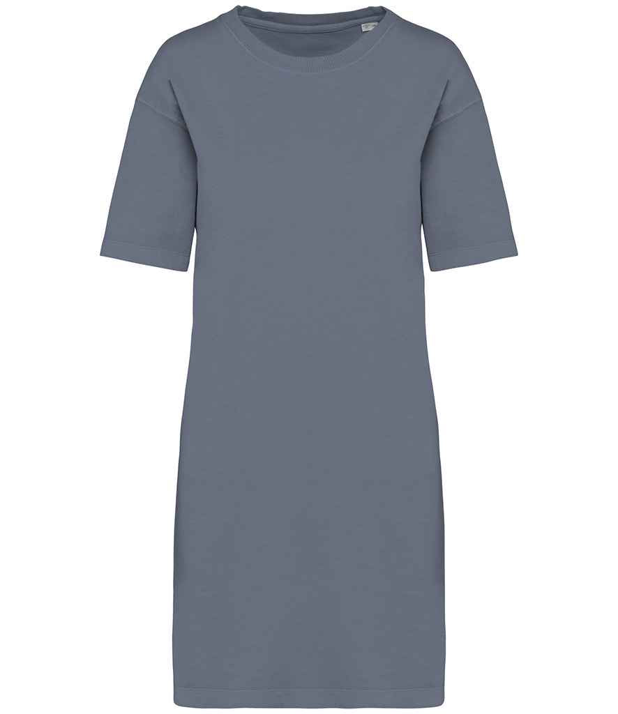Close-up view of luxurious organic cotton stonewash t-shirt dress, highlighting its rich texture and versatile style, perfect for dressing up or down.