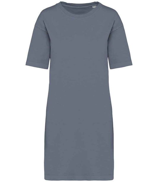 Close-up view of luxurious organic cotton stonewash t-shirt dress, highlighting its rich texture and versatile style, perfect for dressing up or down.
